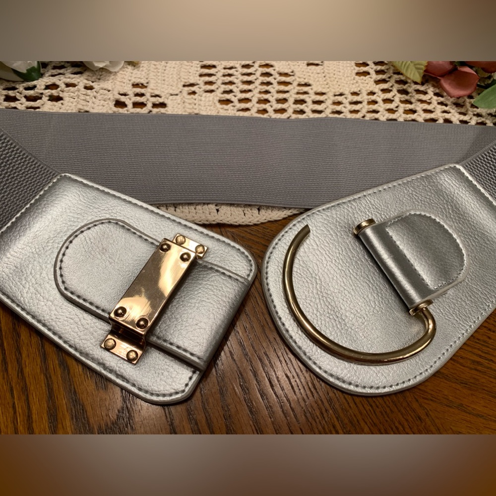 Silver Women’s Wide Stretch Belt with Gold Hook Closure XL